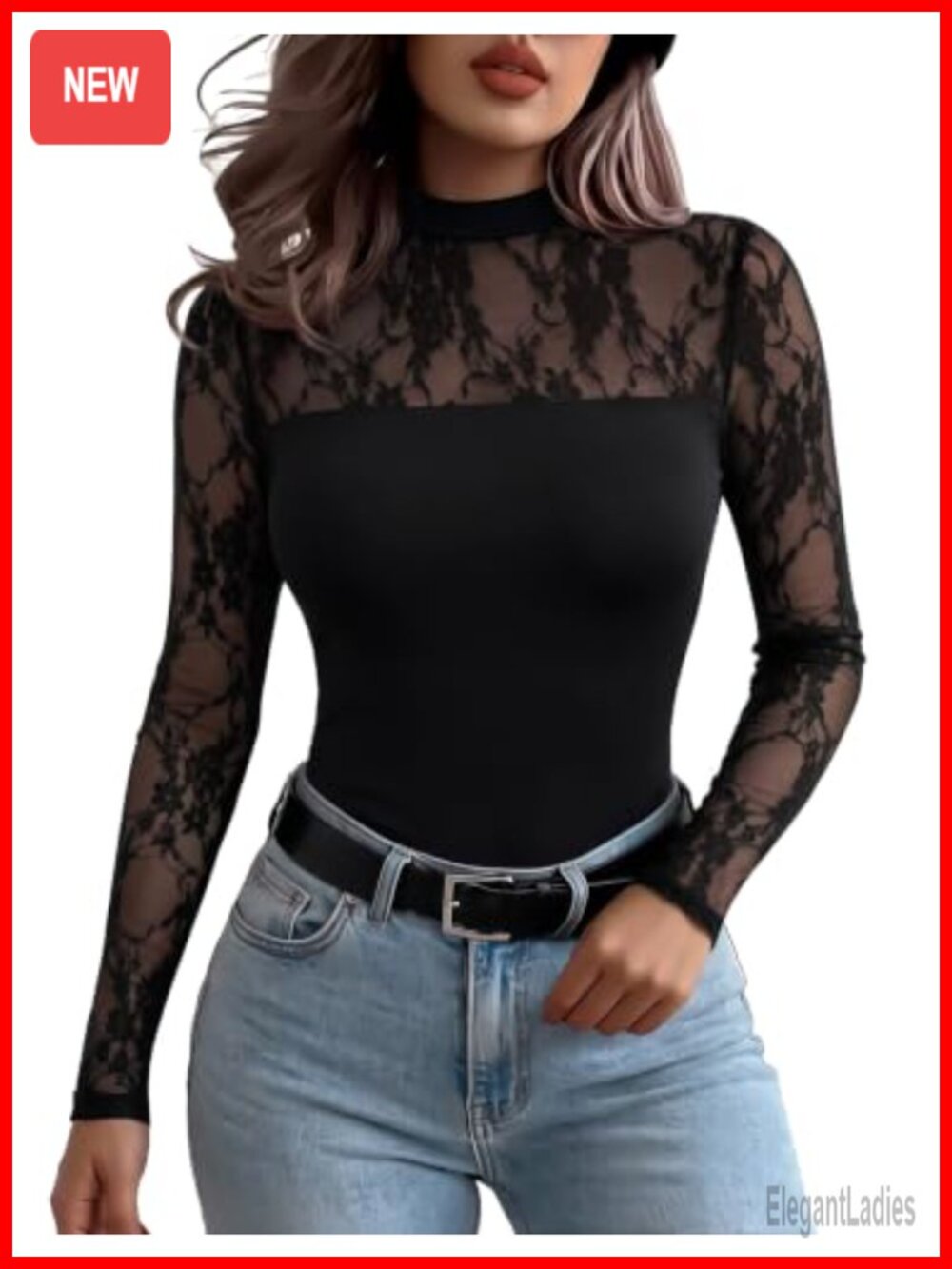 Women's Long Sleeve Lace Mesh Sheer Blouse Slim Fit Party Top